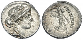 HOSTILIA. Denario. Roma (48 a.C.). A/ Cabeza diademada y laureada de Venus a der. R/ La Victoria caminando a der. con trofeo y caduceo L. HOSTILIVS SA...