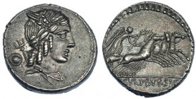 JULIA. Denario. Roma (85 a.C.). R/ Victoria con corona en cuádriga a der.; en el exergo: L. IVLI BVRSIO. FFC-767. SB-5. Pátina gris. EBC+. Ex Vico 09/...