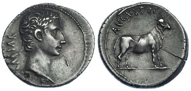 AUGUSTO. Denario. Samos (21-20 a.C.). A/ Cabeza descubierta de Augusto a der.; d...
