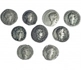 9 denarios diferentes: Augusto, Tiberio, Vespasiano, Domiciano, Trajano (2), Antonino Pío y Faustina madre (2). MBC/MBC+.