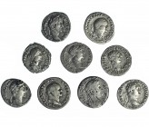 9 denarios diferentes. Augusto (2). Vespasiano (2), Domiciano, Trajano (2), Antonino Pío y Faustina hija. BC+/MBC.