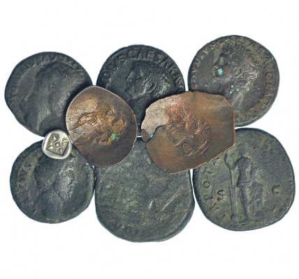5 ases, 1 sestercio, 2 aspron, Imperio Bizantino y 1 óbolo de Miletos. Ases: Rep...