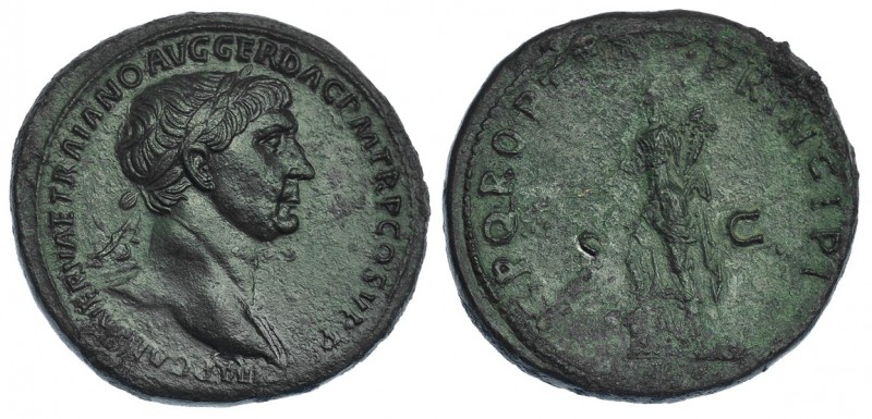 TRAJANO. Sestercio. Roma (103-111). R/ La Paz a izq. con rama, cornucopia y pie ...