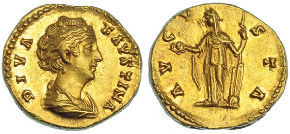 FAUSTINA MADRE, esposa de Antonino Pío. Áureo. Roma (post. 141). A/ Busto drapea...