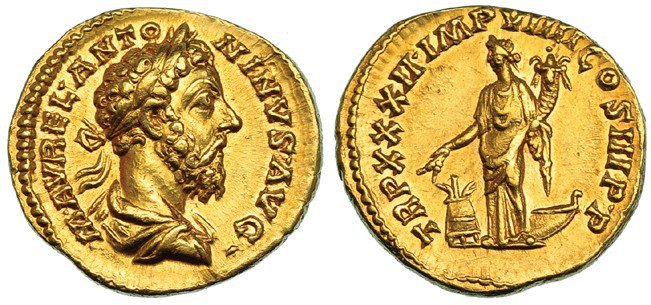 MARCO AURELIO. Áureo. Roma (177-178). A/ Busto laureado drapeado y con coraza a ...