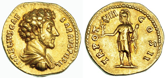 MARCO AURELIO. Áureo. Roma (153-154). A/ Busto drapeado a der.; AVRELIVS CAESAR ...