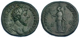 MARCO AURELIO. Sestercio. Roma (164-165). / Busto laureado a der. R/ Minerva a izq. con rama, lanza y escudo; TR. P. XVIII IMP. II COS. III, S.C. RIC-...