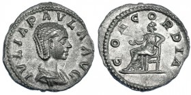 JULIA PAULA, esposa de Heliogábalo. Denario. Roma (220). A/ IVLIA PAVLA AVG. R/ CONCORDIA. RIC-211 vte., sin estrella. EBC/EBC-. Rara.