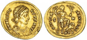 ARCADIO. Sólido. Sirmium (395-397). R/ El Emperador con lábaro y la Victoria sobre globo, pisando a un cautivo tendido, a los lados: S-M; VICTORIA AVG...