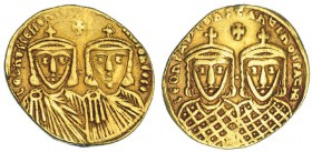 LEÓN IV, CONSTANTINO V. Sólido. Constantinopla. R/ Los fallecidos Leon III y Constantino V. BB-1583. MBC. Escasa.