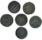 5 monedas de 8 maravedís. 1661. Burgos, Sevilla (2) y Madrid (3). Una falsa de época. Calidad media MBC.