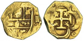 2 escudos. Sin datos visibles, posiblemente Sevilla. Utilizado un cuño de 4 escudos para el anverso. AU 6,65 g. MBC. Rara.