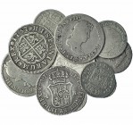13 monedas de plata. Felipe V a Isabel II. 2 reales: 1757 de Madrid, 1774 de México, 1810 de Madrid (valor 4 reales) y 1815 México. 40 céntimos de esc...