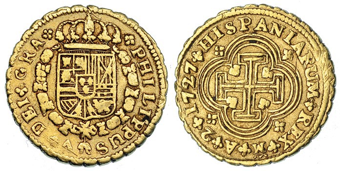 2 escudos. 1727. Madrid. A. VI-no. CA-no. Pequeñas marcas. Inédita. MBC. Rarísim...