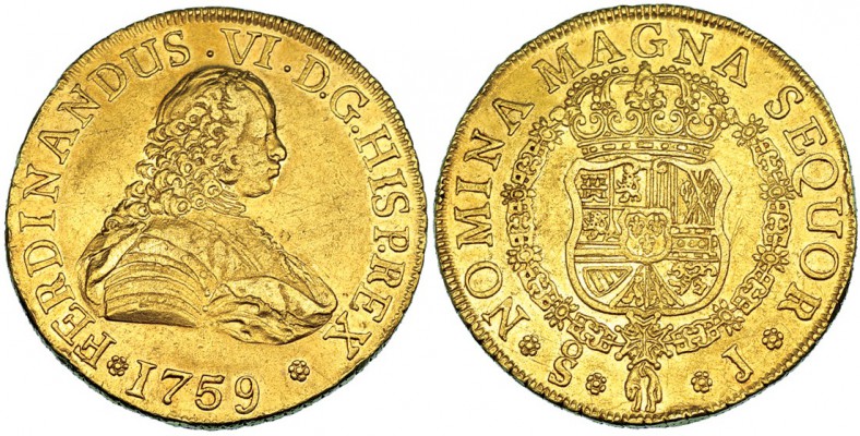 8 escudos. 1759. Santiago. VI-641. Pequeñas marcas. Rebaba por doble acuñación. ...
