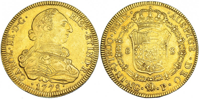 8 escudos. 1778. Nueva Guatemala. P. VI-1579. MBC+/MBC. Muy rara. Las monedas de...