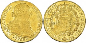 8 escudos. 1782/1. Santiago DA. VI-1765 vte. Rayas de ajuste en el rev. R.B.O. MBC.