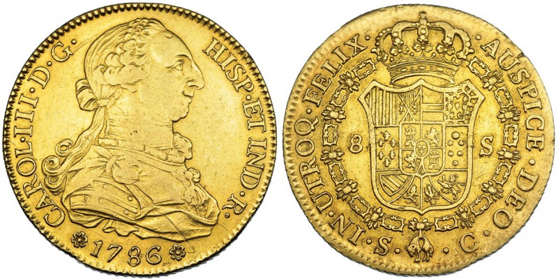 8 escudos. 1786. Sevilla. C. VI-1781. Golepcito en el canto. Ligeramente abrilla...