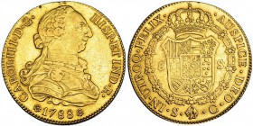 8 escudos. 1788. Sevilla. C. VI-1783. Hojitas en la parte superior del anv. Ligeramente abrillantada. MBC.