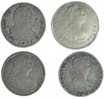 4 monedas de 8 reales: 1778, Lima (con resellos chinos); 1792, México; 1800, Potosí; 1821, Zacatecas. De BC+ a MBC+.