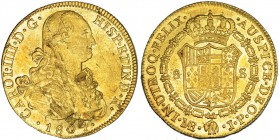 8 escudos. 1804. Lima. JP. VI-1313. Hojas en el anv. B.O. EBC.