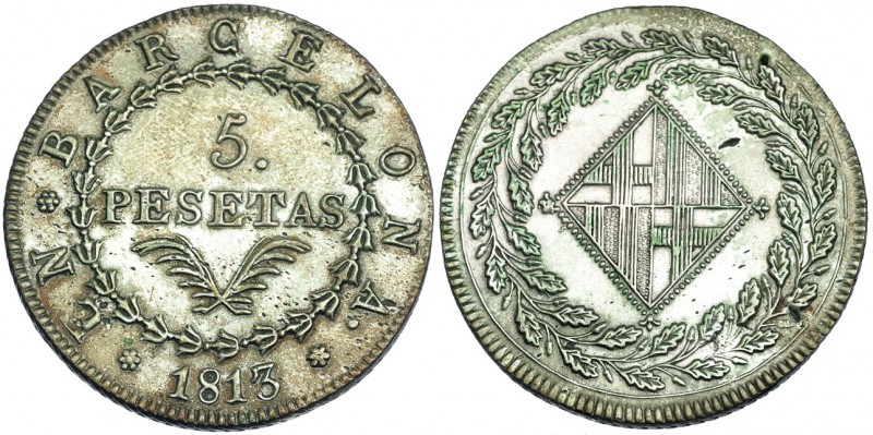 5 pesetas. 1813. Barcelona. VI-39. Pequeño defecto de cospel en el rev. MBC+. Ra...
