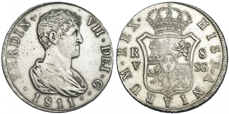 8 reales. 1811. Valencia. SG. VI-1185. Limpiada. Vanos. MBC+. Muy escasa.