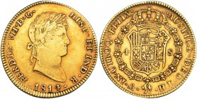 4 escudos. 1814. México. HJ. VI-1432. Hojita en el rev. MBC. Muy rara.