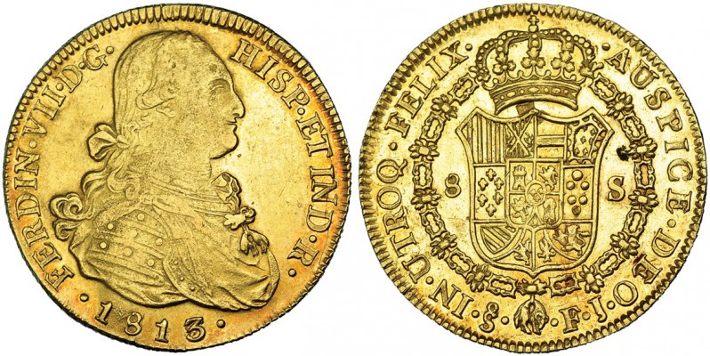 8 escudos. 1813/2. Santiago. FJ. VI-1539 vte. Hojita en el rev. R.B.O. MBC+/EBC-...