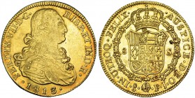 8 escudos. 1813/2. Santiago. FJ. VI-1539 vte. Hojita en el rev. R.B.O. MBC+/EBC-.