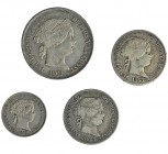 4 monedas. Real, 1863, Barcelona; 2 reales 1863 y 1864, Sevill y 4 reales 1861, Barcelona. Calidad media MBC.
