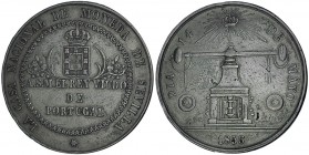 Medalla conmemorativa de la visita oficial del Rey viudo de Portugal a la Casa de la Moneda de Sevilla. 1856. AE 37mm. MPN-II-681. Pequeñas marcas. MB...
