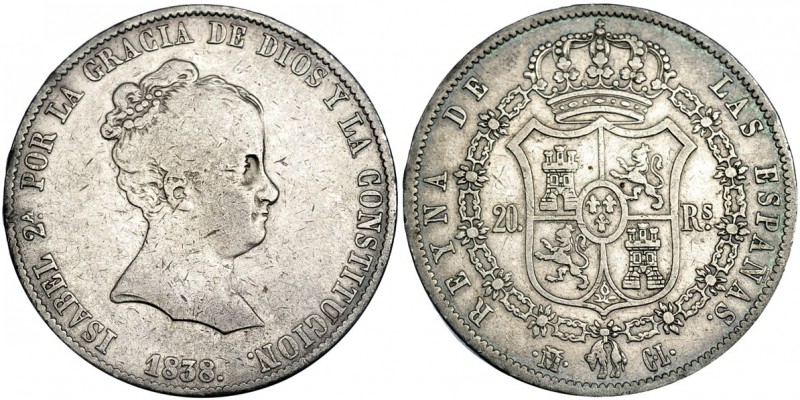 20 reales. 1838. Madrid. CL. VI-499. MBC-/MBC. Muy escasa.