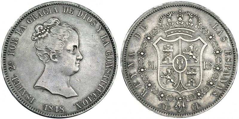 20 reales. 1848. Madrid. CL. VI-502. Pequeñas marcas en la gráfila. Pátina gris....
