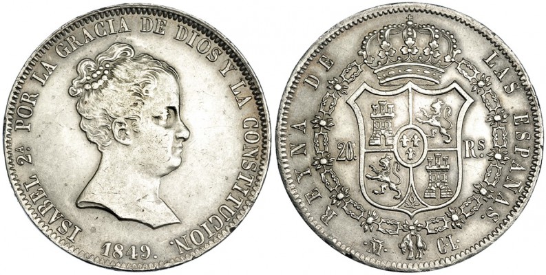20 reales. 1849. Madrid. CL. VI-503. Pequeñas marcas en el canto. MBC+/EBC-. Esc...