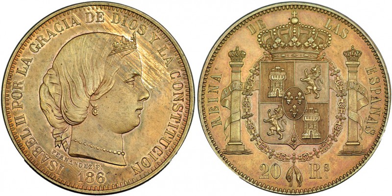 20 reales. 186. Prueba no adoptada, realizada por Fernández Pescador. Bronce. Pá...