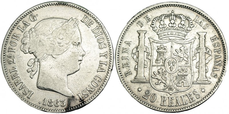 20 reales. 1863. Madrid. VI-519. MBC-. Muy escasa.