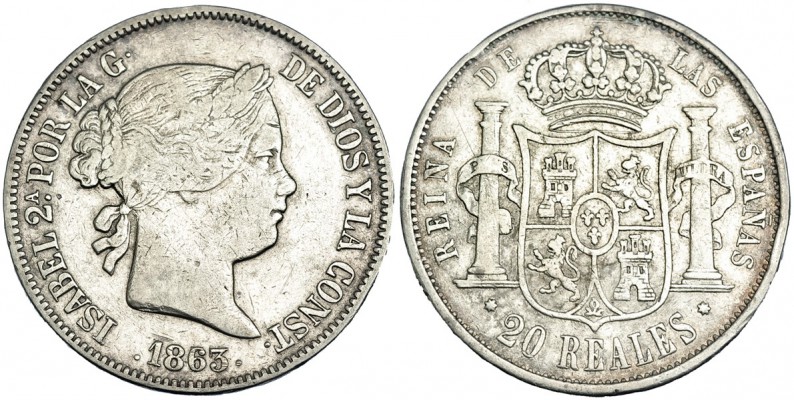 20 reales. 1863. Sevilla. VI-535. MBC-/MBC. Muy escasa.