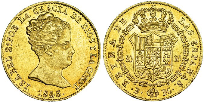 80 reales. 1845. Barcelona. PS. VI-588. EBC/EBC+.