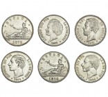 6 monedas de 5 pesetas: 1870 (2), 1871, 1879, 1884 y 1892. De MBC a EBC-.
