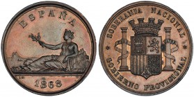Medalla de proclamación. 1868. AE 37mm. Grabador: LM ( Luis Marchioni). MPM-II-767. Dos puntos de óxido. Pátina marrón. EBC+.