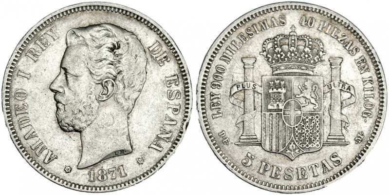5 pesetas. 1871 *18-73. Madrid. DEM. VII-34. Golpecito en la gráfila. MBC. Muy e...