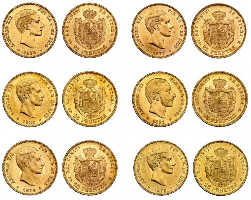 6 monedas de 25 pesetas. 1876, 1877, 1878 DEM, 1879, 1880 y 1881. EBC+.