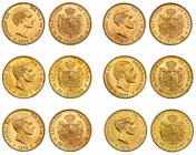 6 monedas de 25 pesetas. 1876, 1877, 1878 DEM, 1879, 1880 y 1881. EBC+.