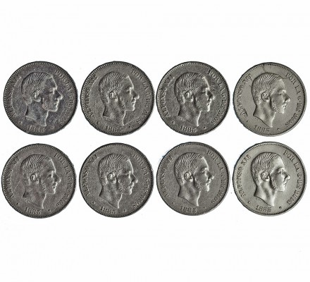 8 monedas de 50 centavos de peso. 1885. Manila. MBC+.