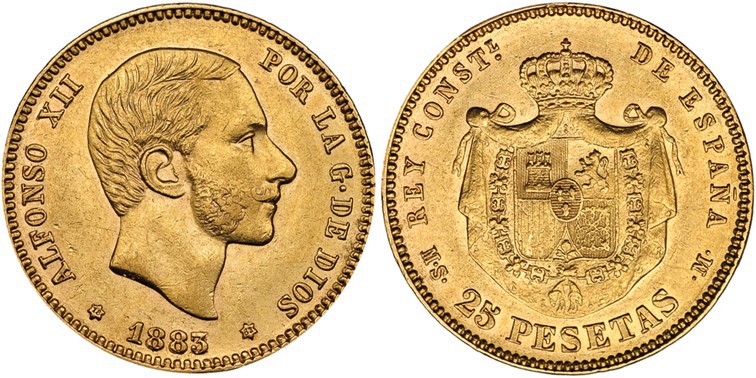 25 pesetas. 1883 *18-83. Madrid. MSM. VII-112. EBC. Muy escasa.