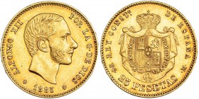 25 pesetas. 1885 *18-85. Madrid. MSM. VII-114. EBC-. Rara.