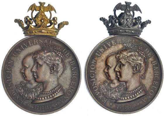 Pareja de medallas. Exposición Universal de Barcelona, una con la corona platead...