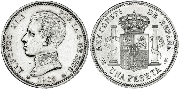 Peseta. 1905 *1905. Madrid. SMV. VII-161. Limpiada. EBC/EBC+.