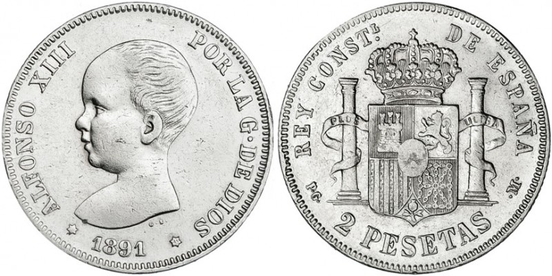 2 pesetas. 1891 *(--)-91. Madrid. PGM. VII-72. Limpiada. MBC+/MBC.